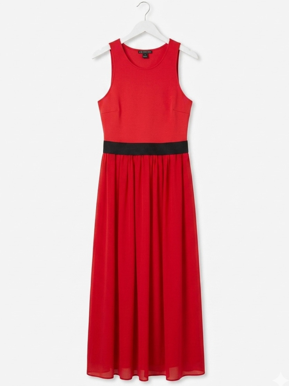 ARMANI EXCHANGE  RED EMPIRE WAIST SLEEVELESS CREWNECK FLOWY OVERLAY MAXI DRESS